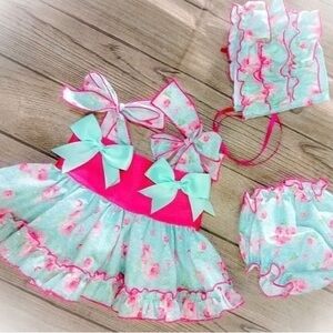 Ela Girls Hot Pink & Turquoise 3pc Dress, Knickers & Bonnet